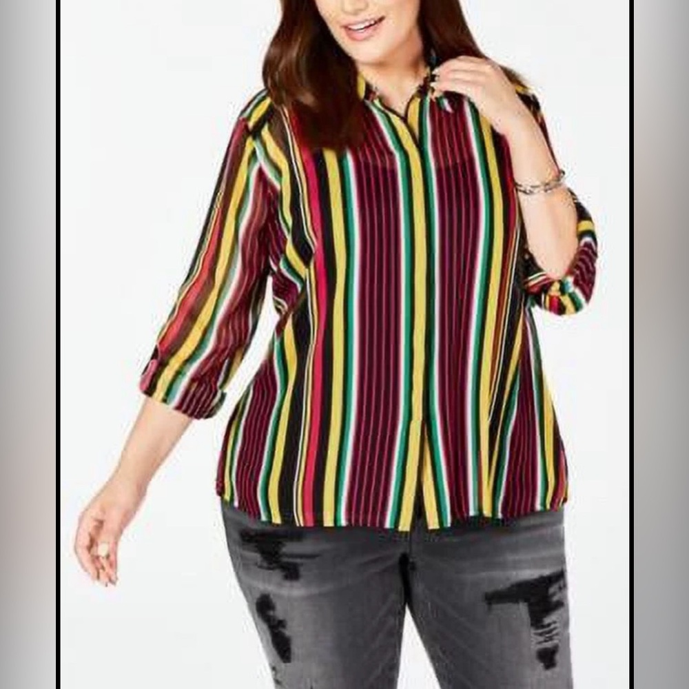 Sheer Striped Button-Down Blouse